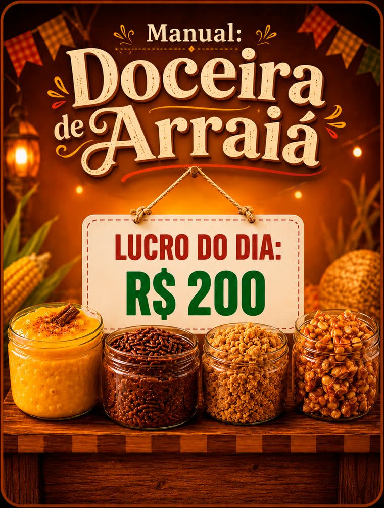 Mesa de arraiá com potes de doce e a plaquinha Lucro do dia R$200